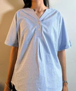 Blue Striped V-Neck Cotton Top – Effortless Ease with Everyday Grace