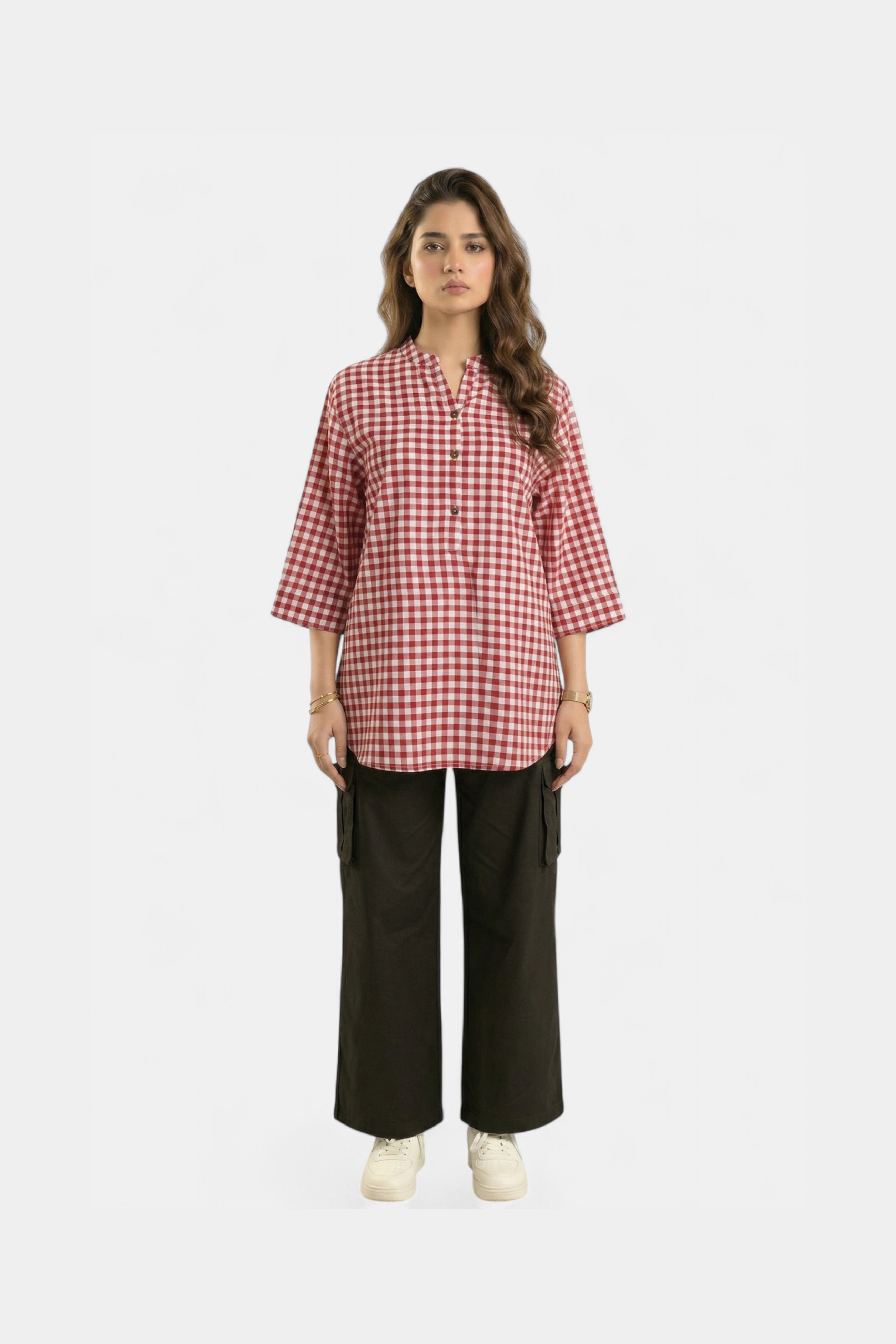 Red gingham easy-fit shirt for women in Pakistan — MannMoji