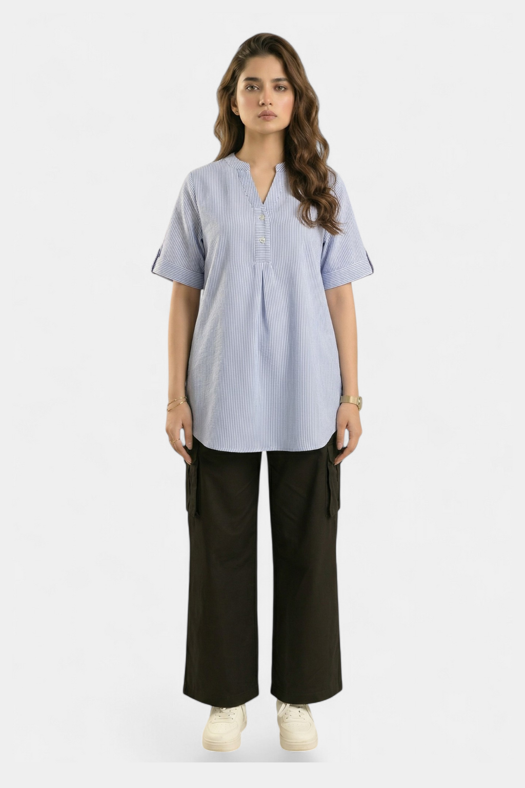 Blue striped v-neck cotton top for women in Pakistan — MannMoji