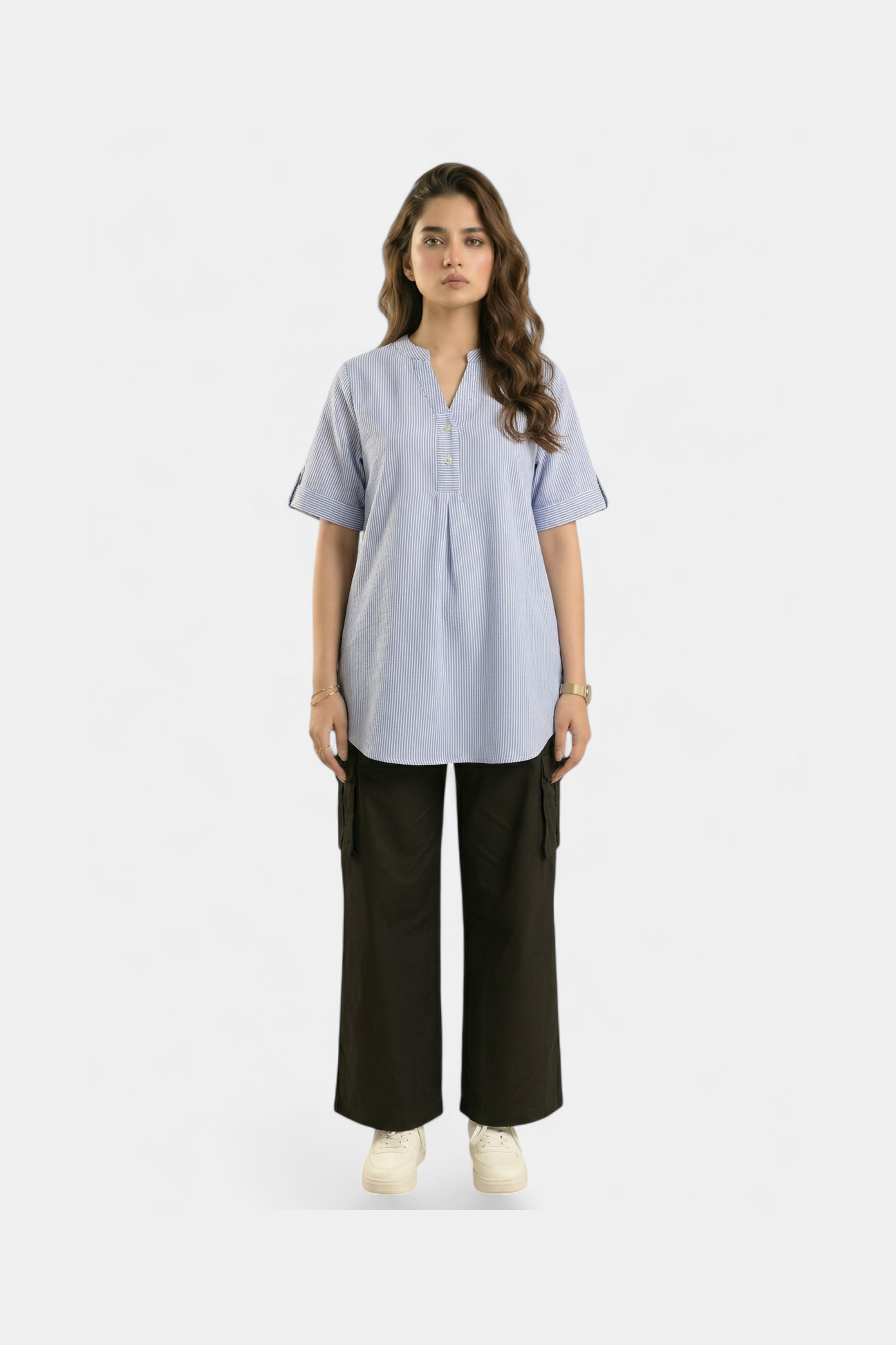 Blue striped v-neck cotton top for women in Pakistan — MannMoji