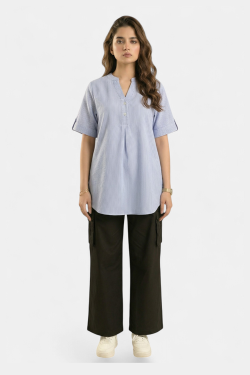 Blue striped v-neck cotton top for women in Pakistan — MannMoji