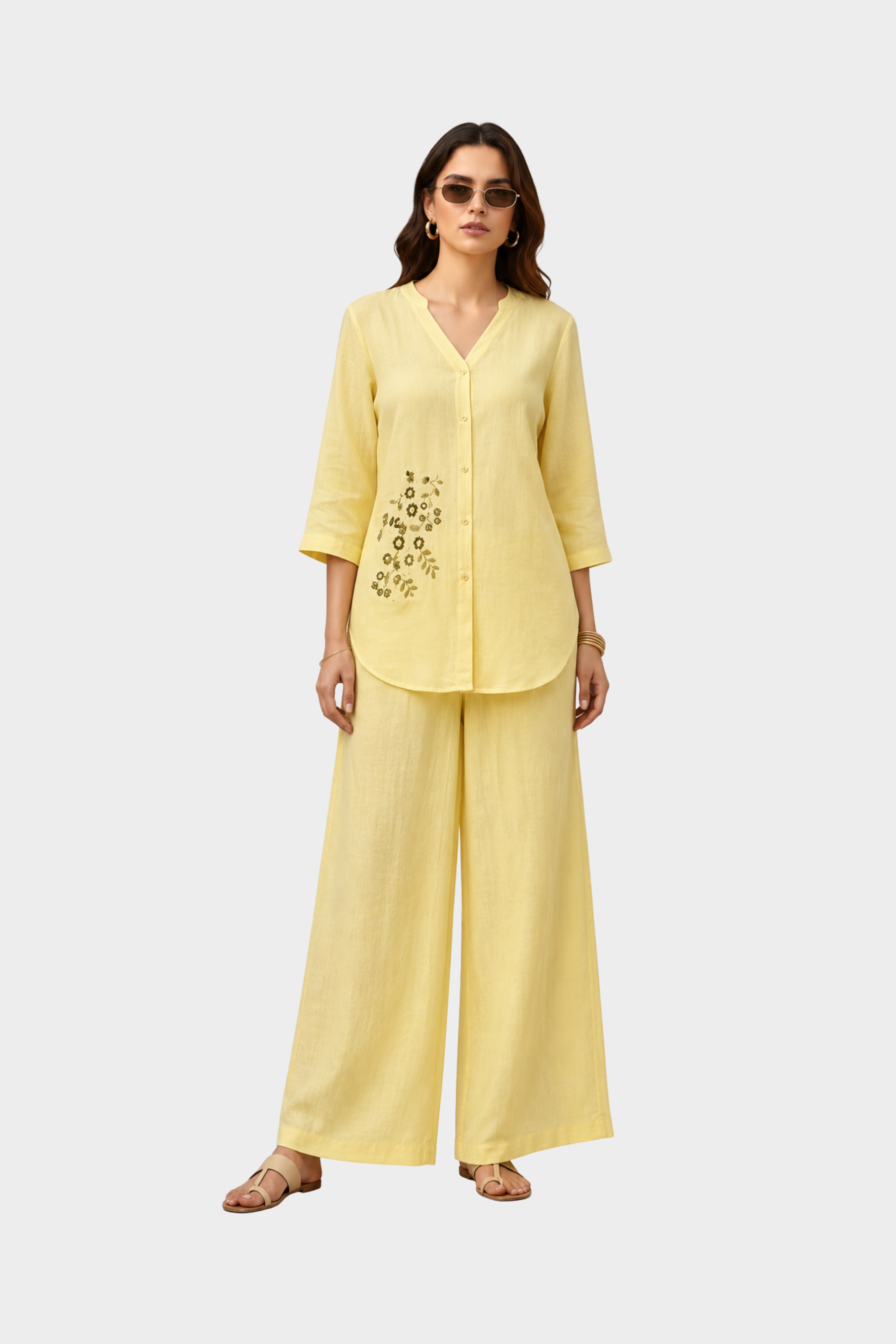 Butter Yellow Embroidered Cotton Linen Co-Ord Set