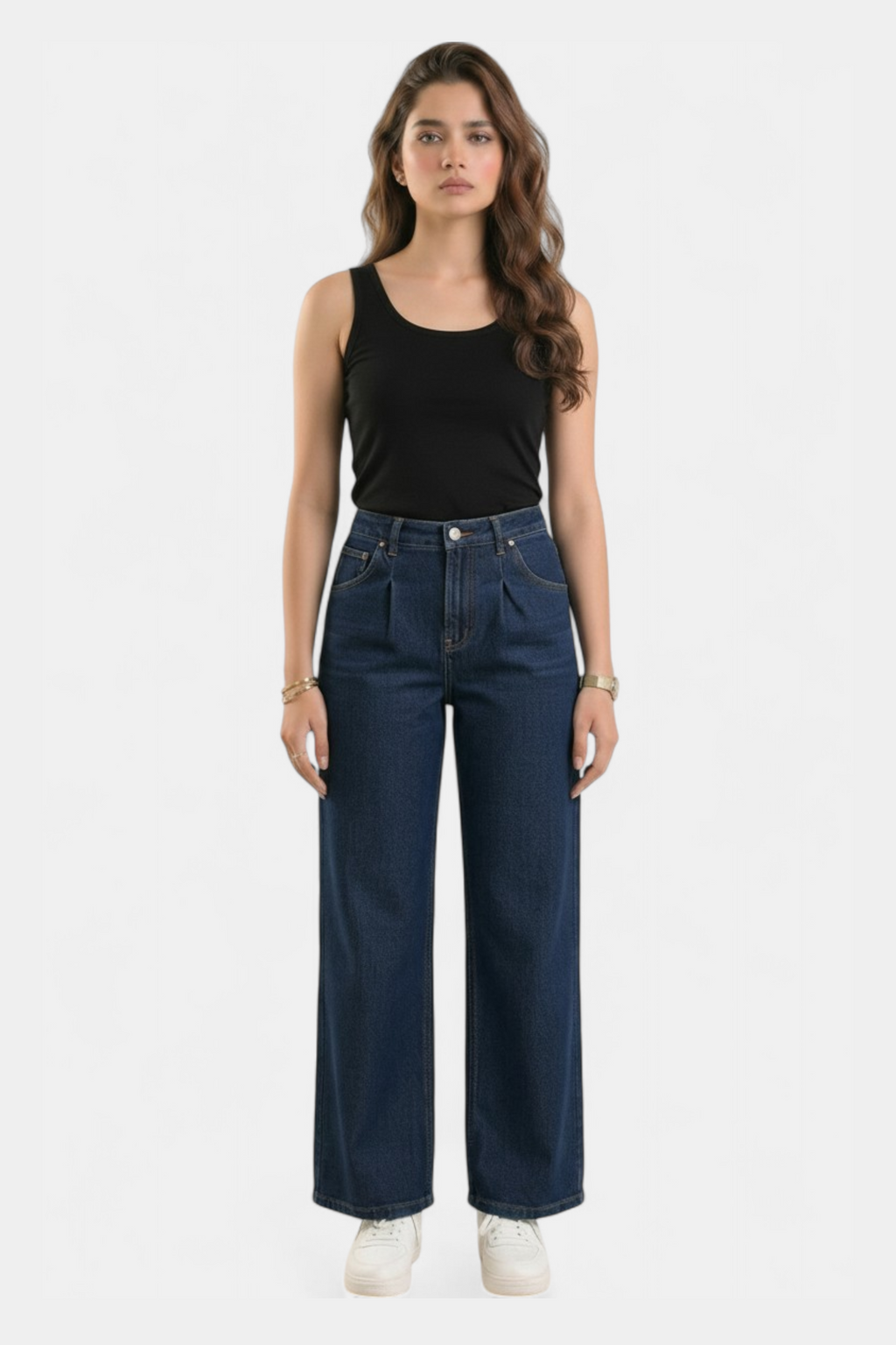Dark blue wide-leg denim pants for women in Pakistan — MannMoji