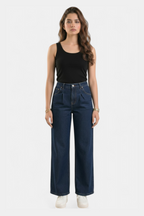 Dark blue wide-leg denim pants for women in Pakistan — MannMoji