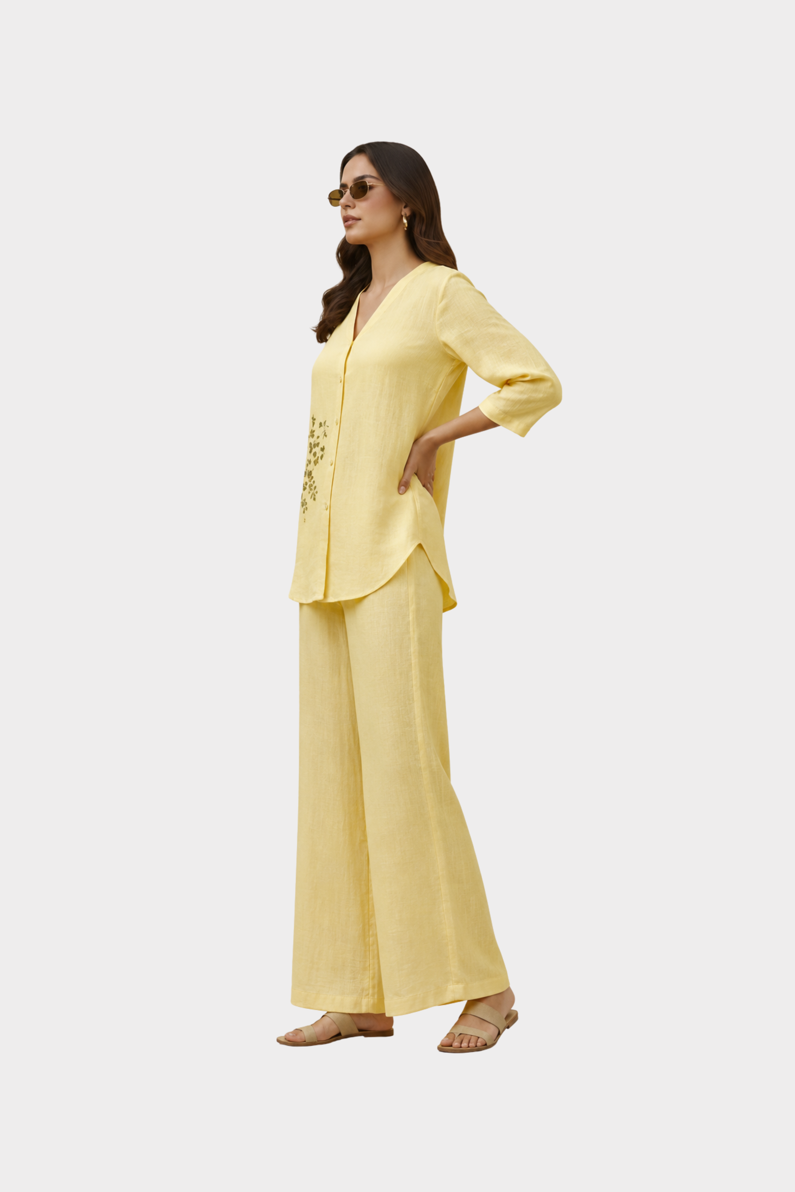 Butter Yellow Embroidered Cotton Linen Co-Ord Set