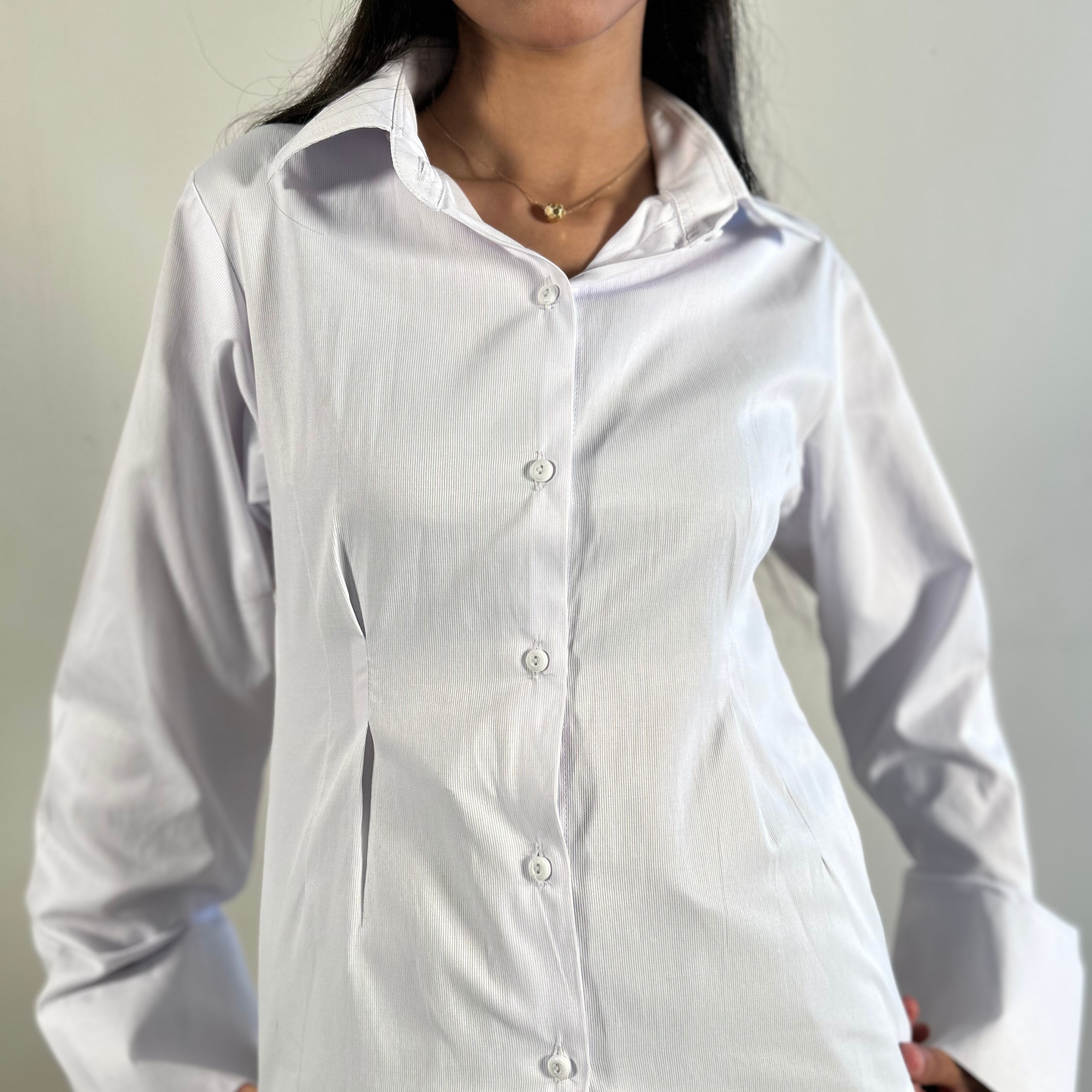 Fold Pleated Waist Solid White Shirt – Timeless, Tailored and Effortlessly Refined