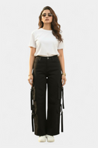 Jet black 8-pocket cargo pants for women in Pakistan — MannMoji