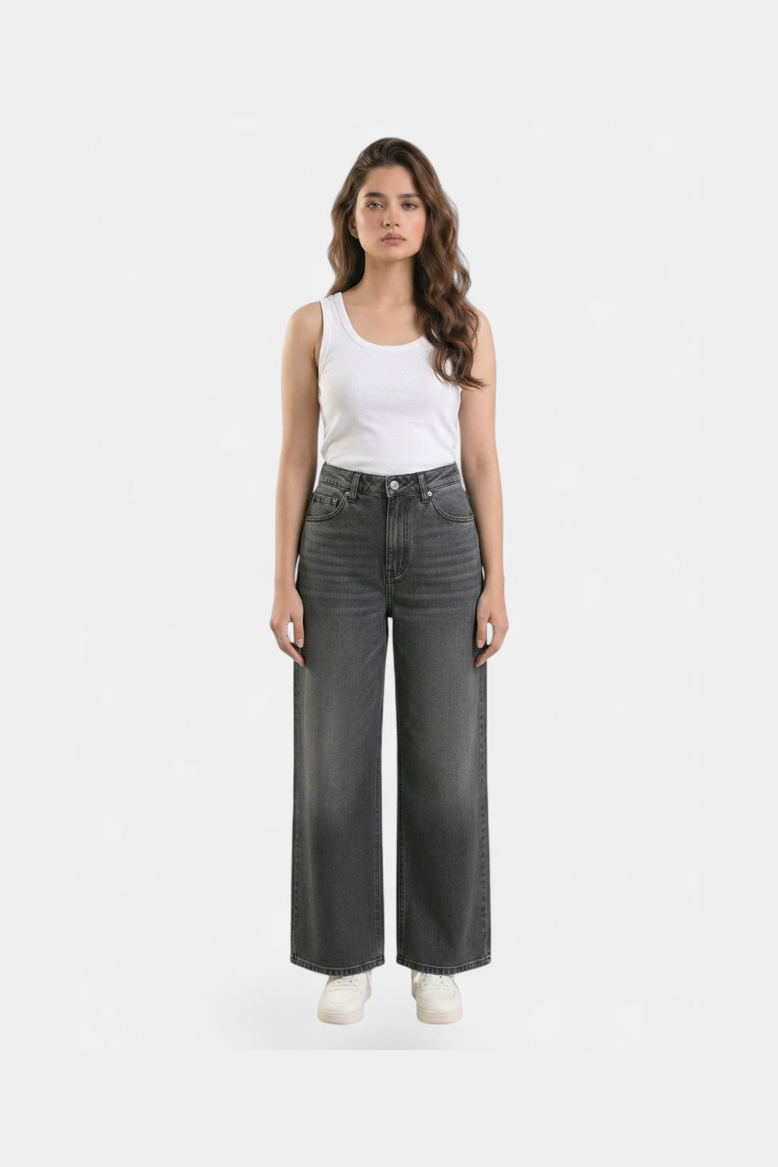 Charcoal loose-fit denim pants for women in Pakistan — MannMoji