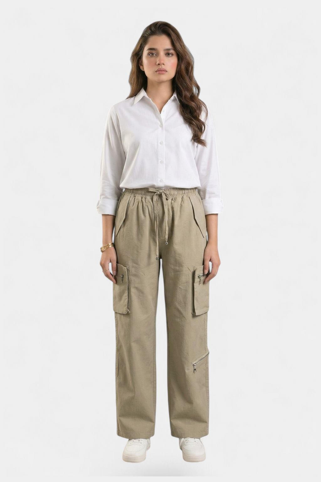 Beige ripstop cotton cargo pants for women in Pakistan — MannMoji