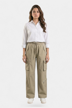Beige ripstop cotton cargo pants for women in Pakistan — MannMoji