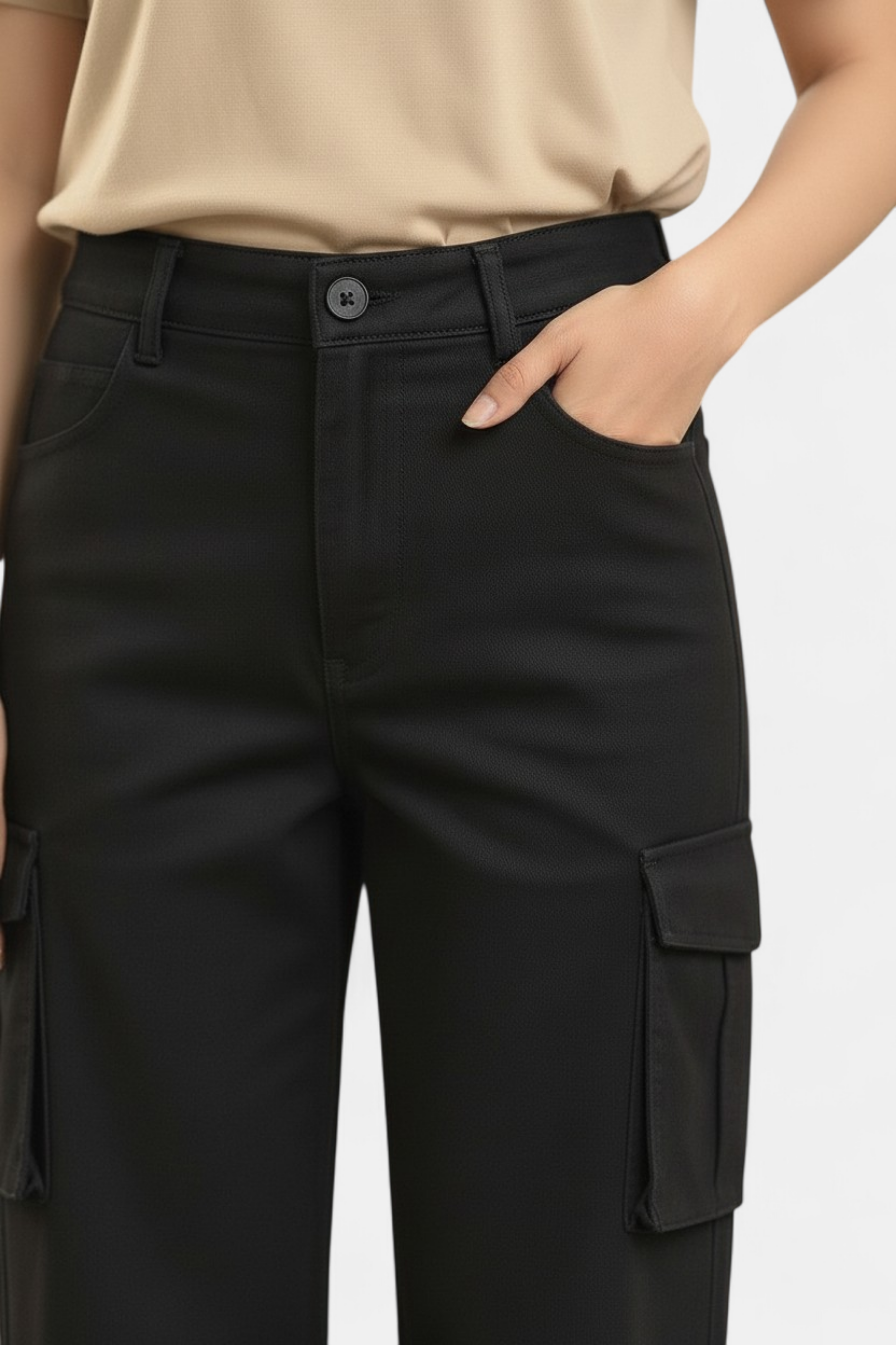 Jet Black Cargo Pants full length view — MannMoji Pakistan