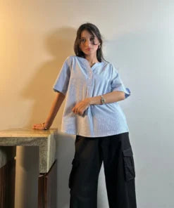 Blue Striped V-Neck Cotton Top – Effortless Ease with Everyday Grace