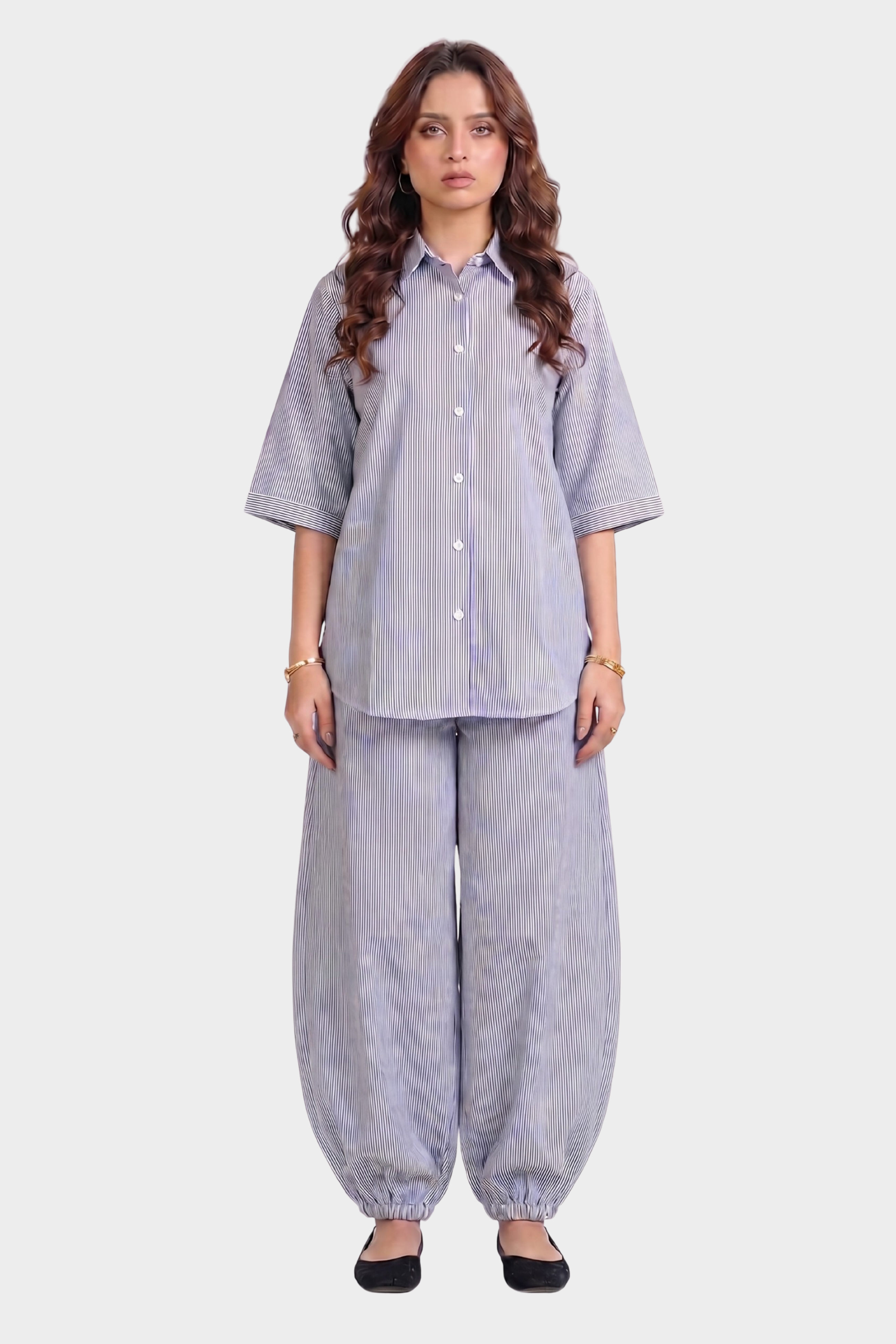 Blue & White Pinstripe Cotton Blend Co-Ord Set