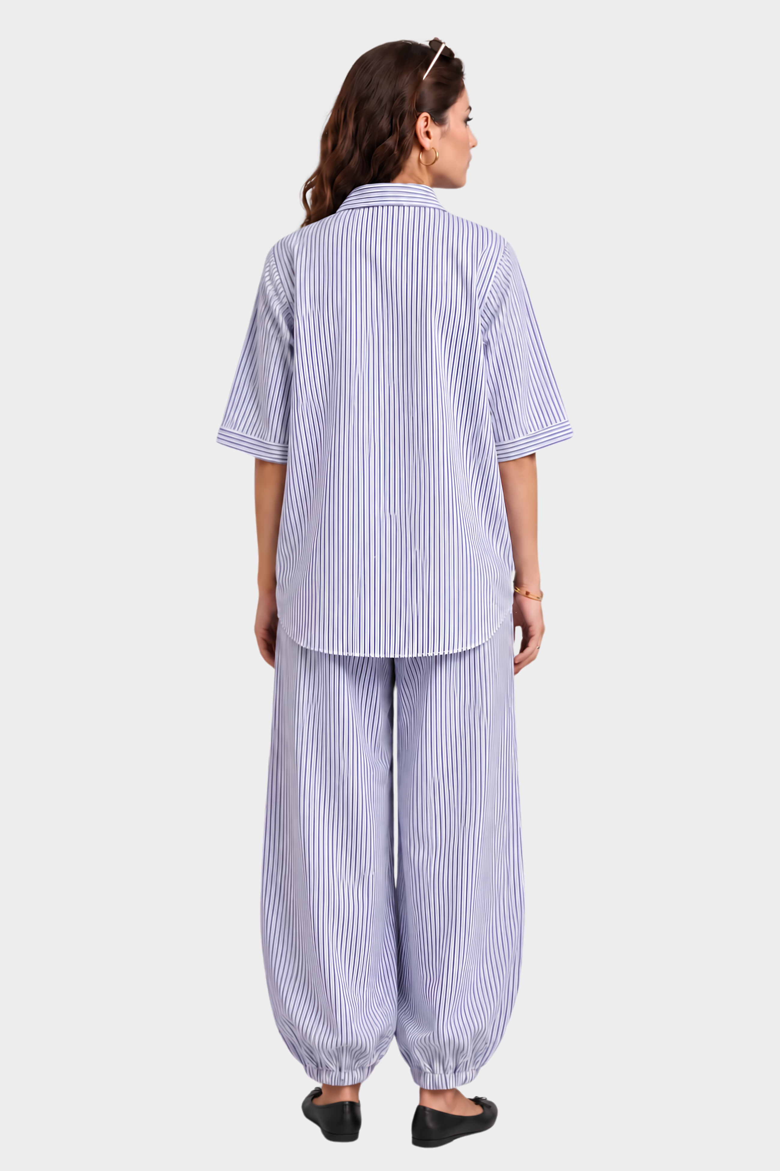 Blue & White Striped Cotton Shirt back view Pakistan - MannMoji