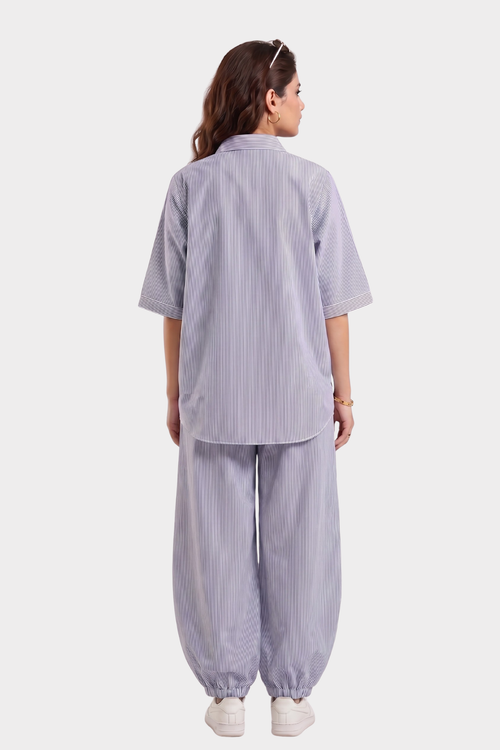 Blue & White Pinstripe Cotton Blend Co-Ord Set
