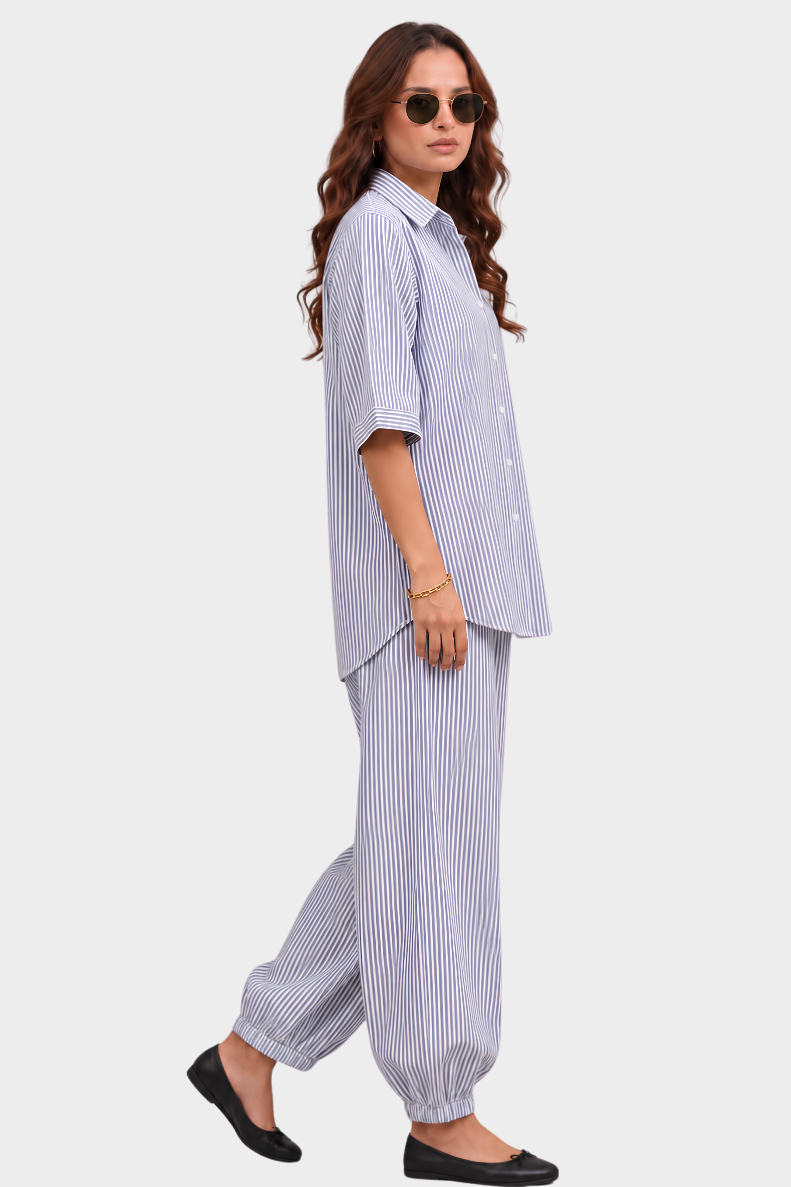 Blue & White Striped Cotton Shirt side view Pakistan - MannMoji