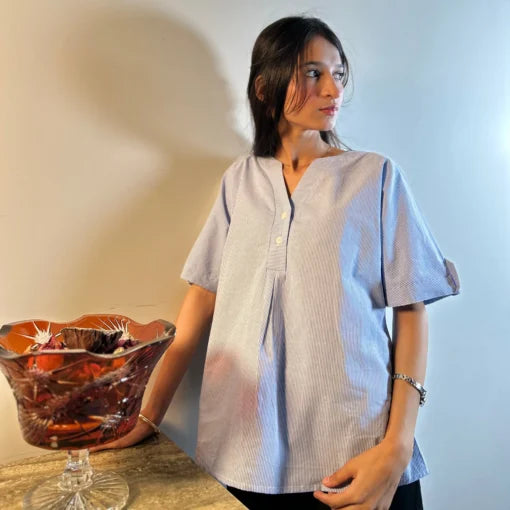 Blue Striped V-Neck Cotton Top – Effortless Ease with Everyday Grace