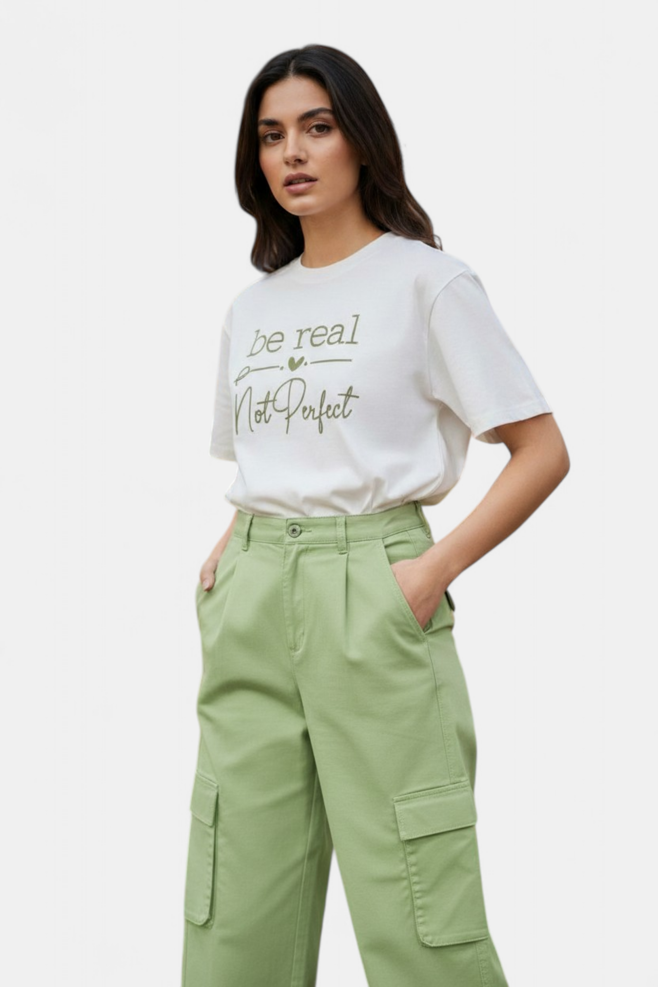 Green High-Waist Twill Cargo lifestyle photo — Pakistani women's outfit | MannMoji
