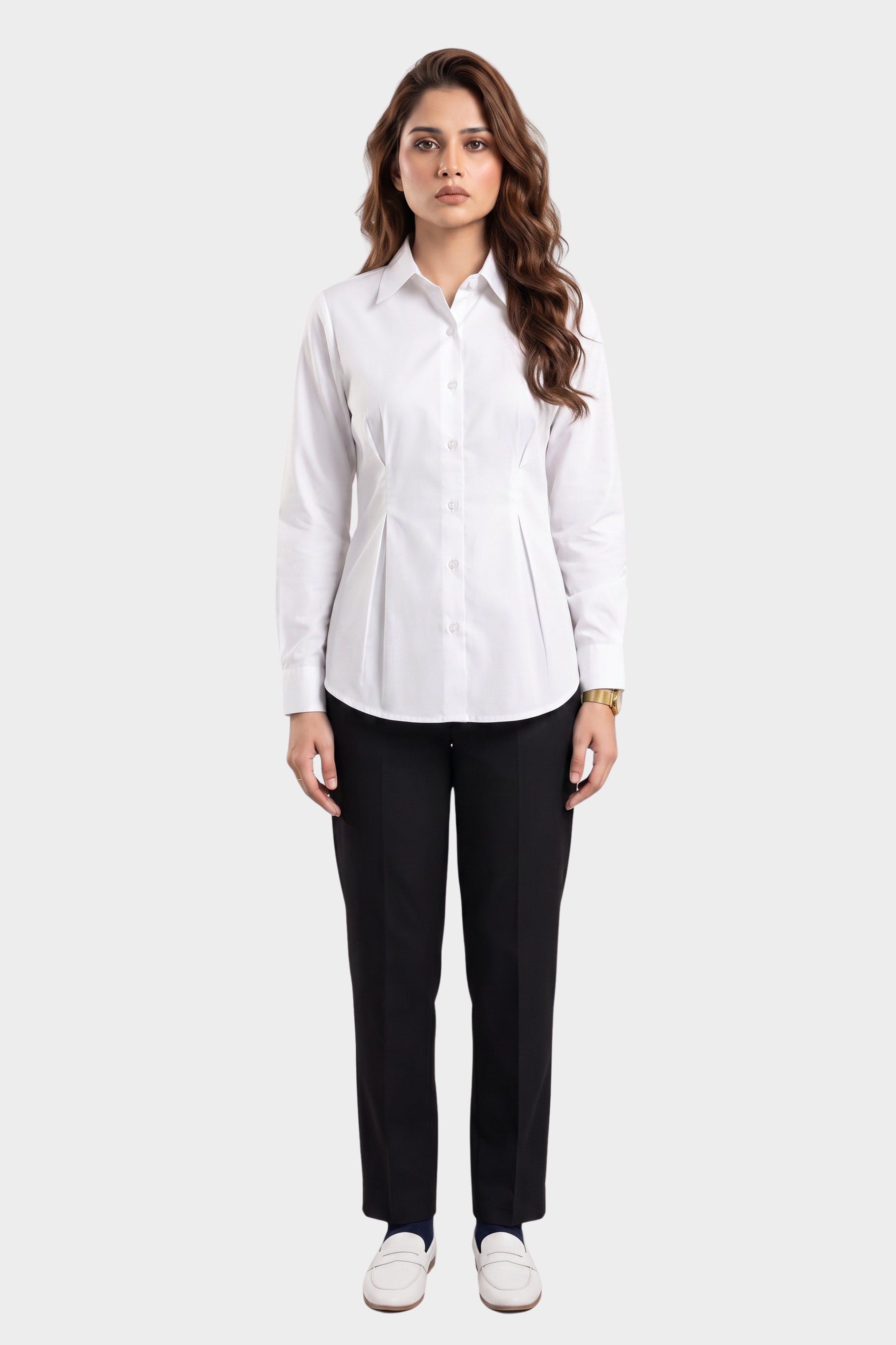 Fold Pleated Waist Solid White Shirt