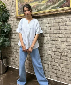 Blue Striped V-Neck Cotton Top – Effortless Ease with Everyday Grace