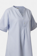 "Blue Striped V-Neck Cotton Top detail shot — quality fabric Pakistan | MannMoji