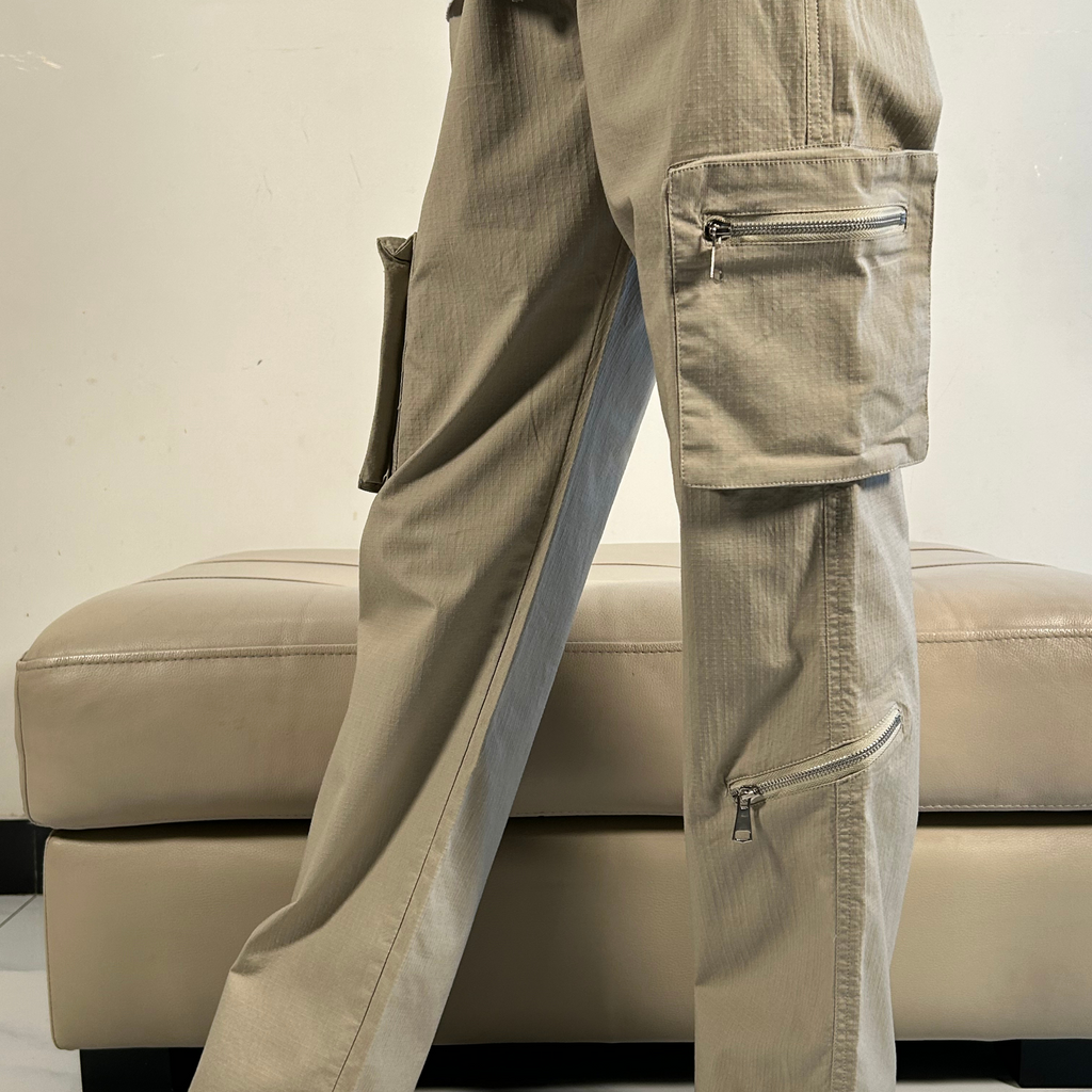 Beige Ripstop Cotton Cargo Pants – 7 Pocket Utility Chic