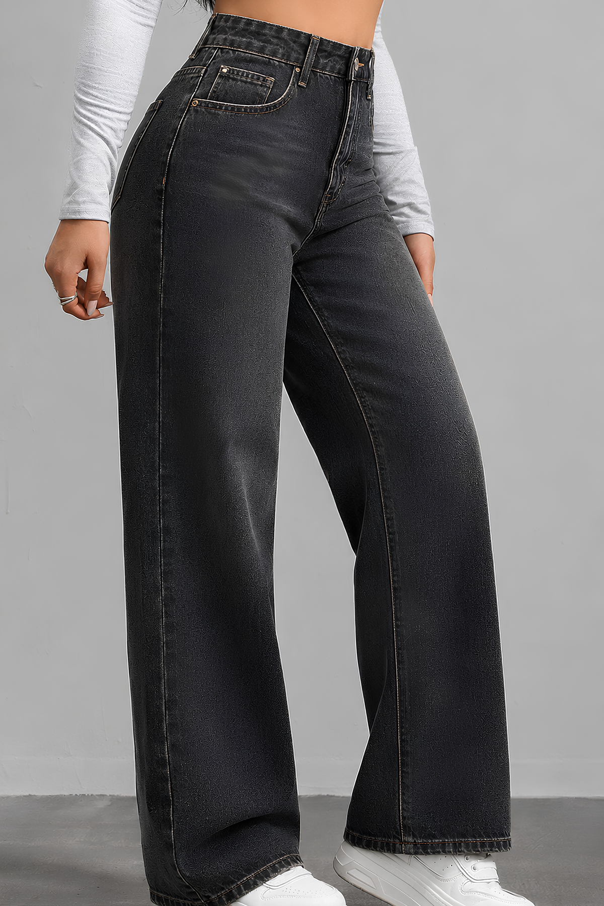 Charcoal Loose-Fit Denim Pants side view - stylish women's wear Pakistan | MannMoji