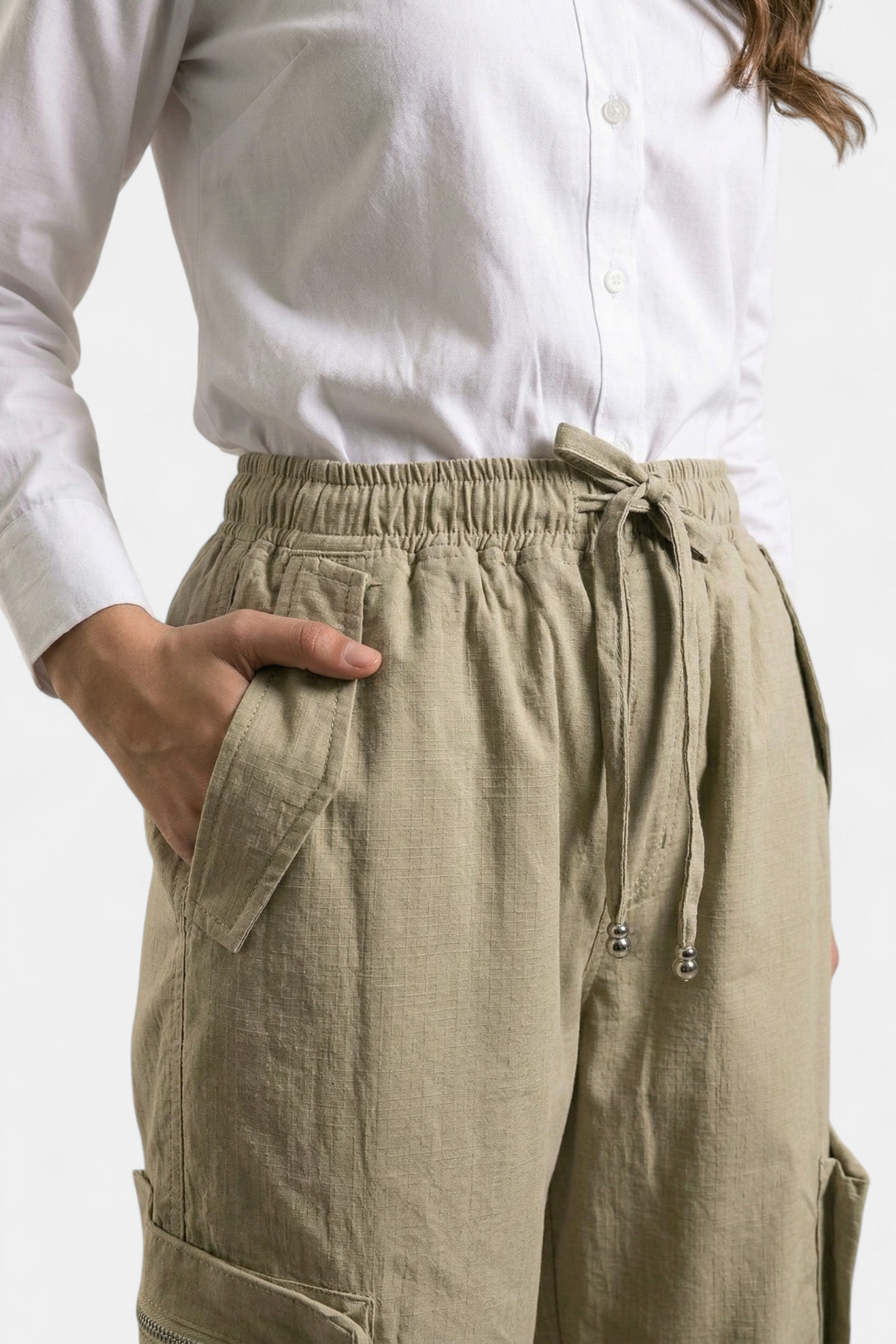 Beige Ripstop Cotton Cargo Pants full length view — MannMoji Pakistan