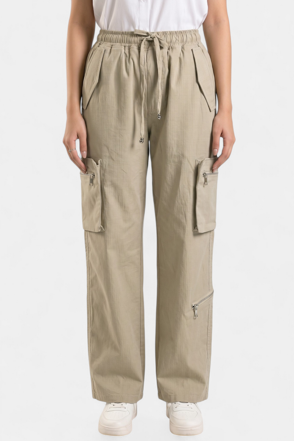 Beige Ripstop Cotton Cargo Pants lifestyle photo — Pakistani women's outfit | MannMoji