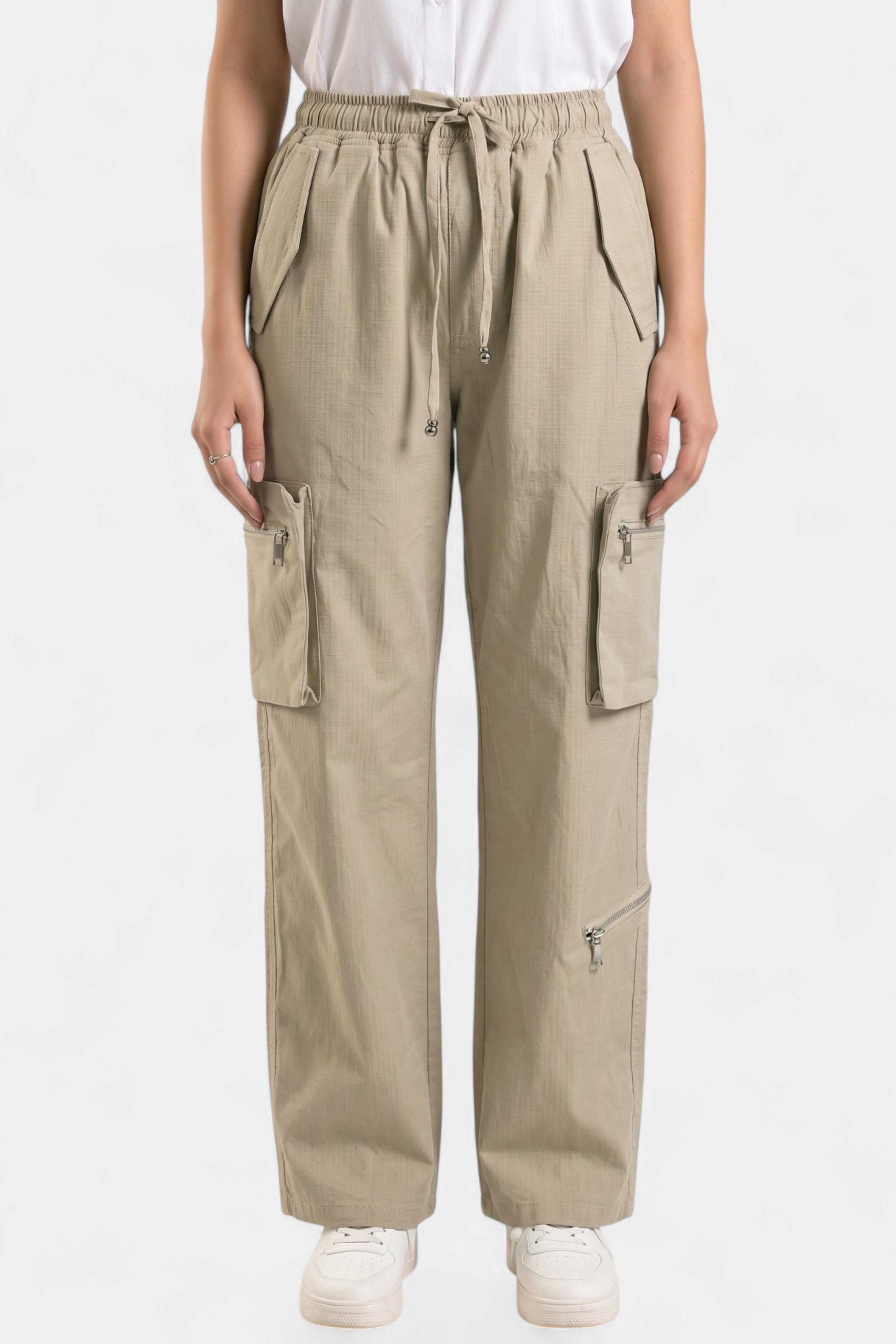 Beige Ripstop Cotton Cargo Pants lifestyle photo — Pakistani women's outfit | MannMoji