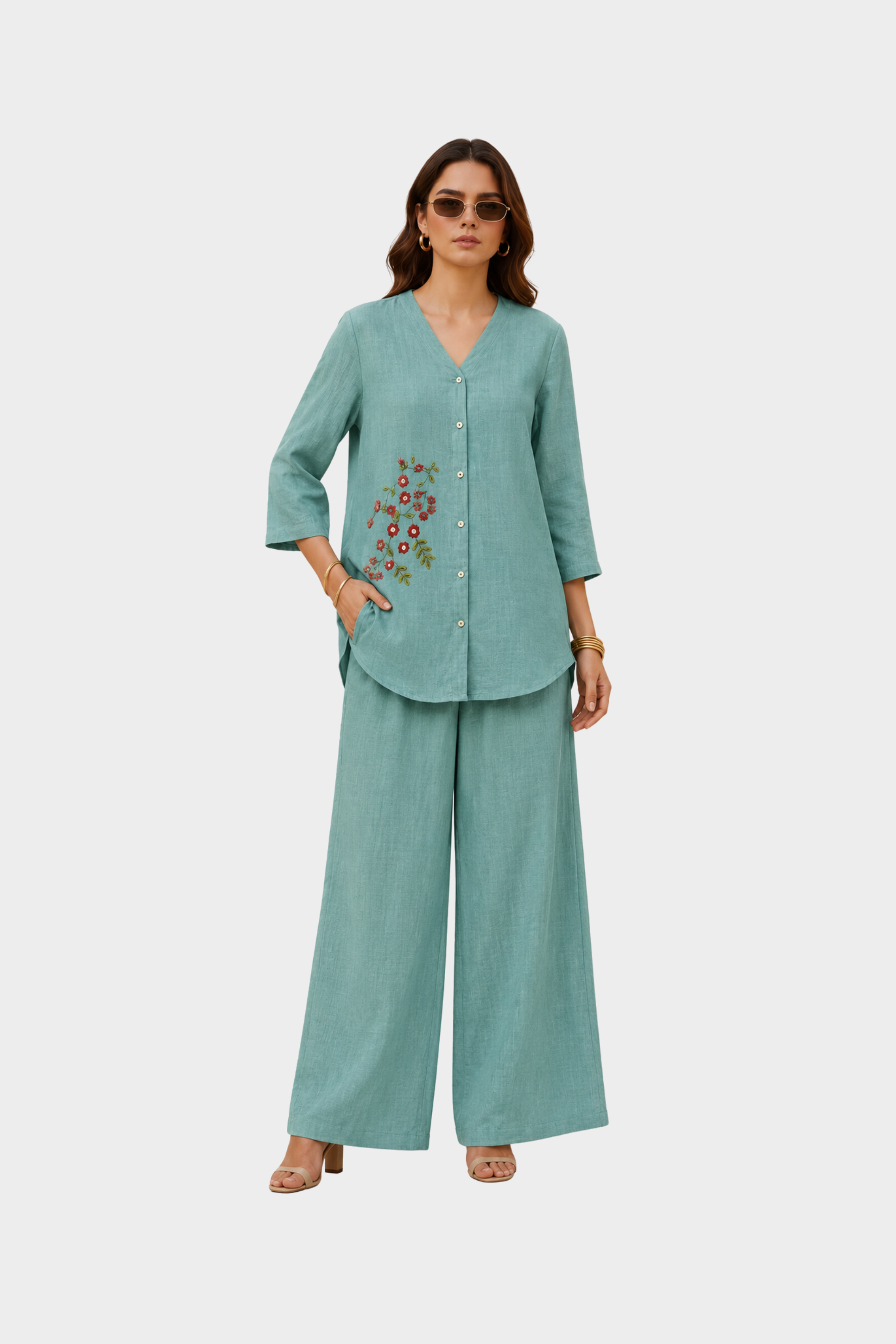 Aqua Bloom Irish Linen Co-Ord Set