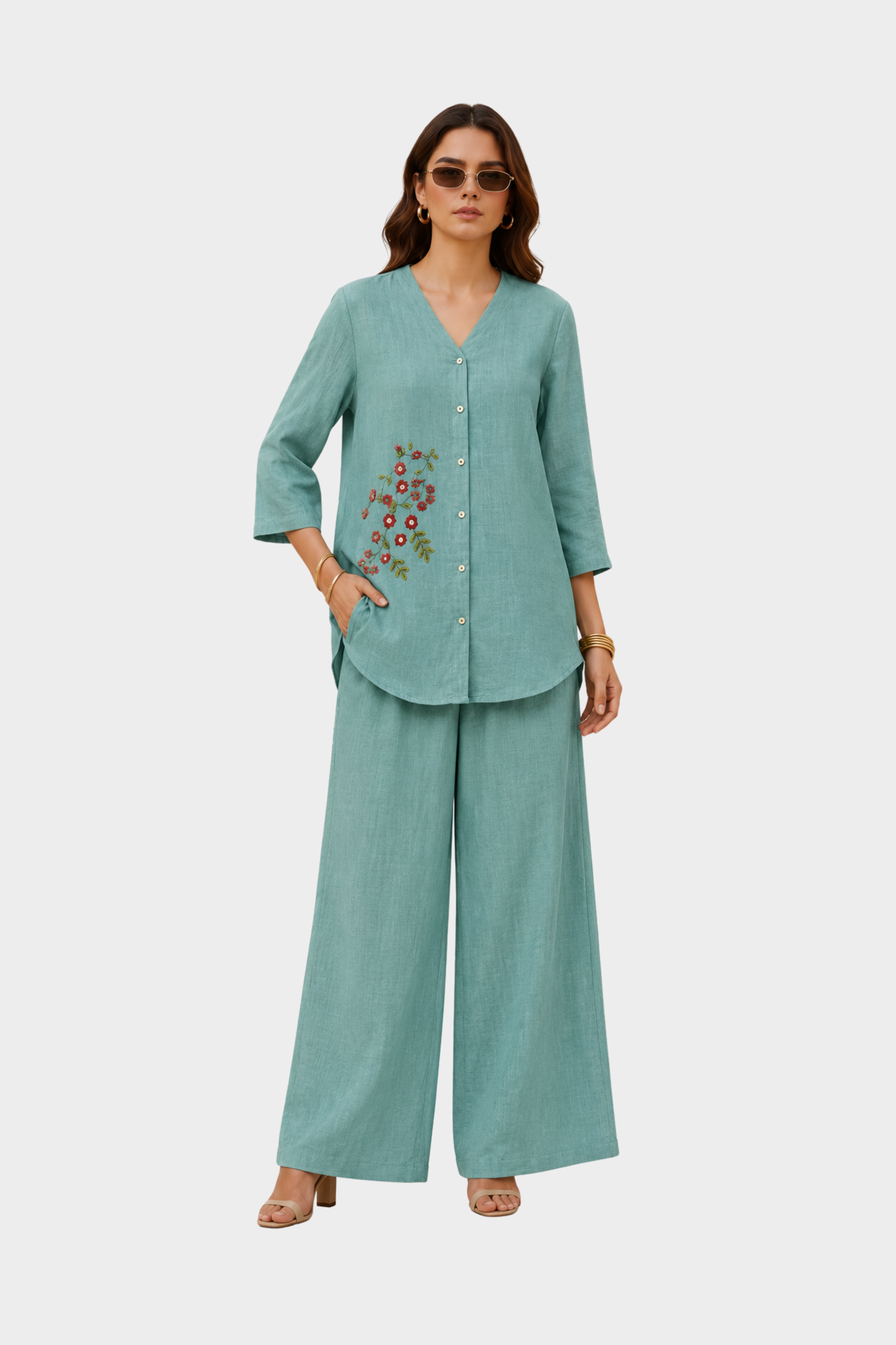 Aqua Bloom Irish Linen Co-Ord Set
