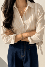 Butter Yellow & White Striped Cotton model front view 3 Shirt Pakistan - MannMoji