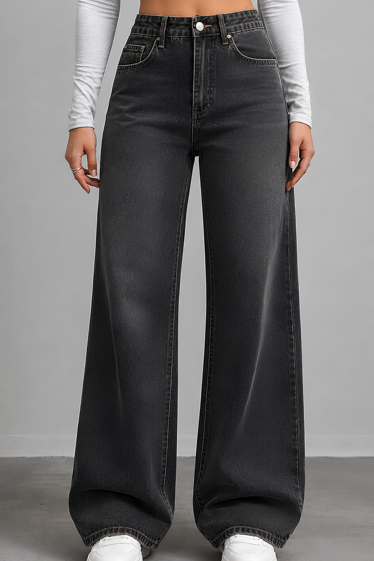 Charcoal loose-fit denim pants for women in Pakistan - MannMoji