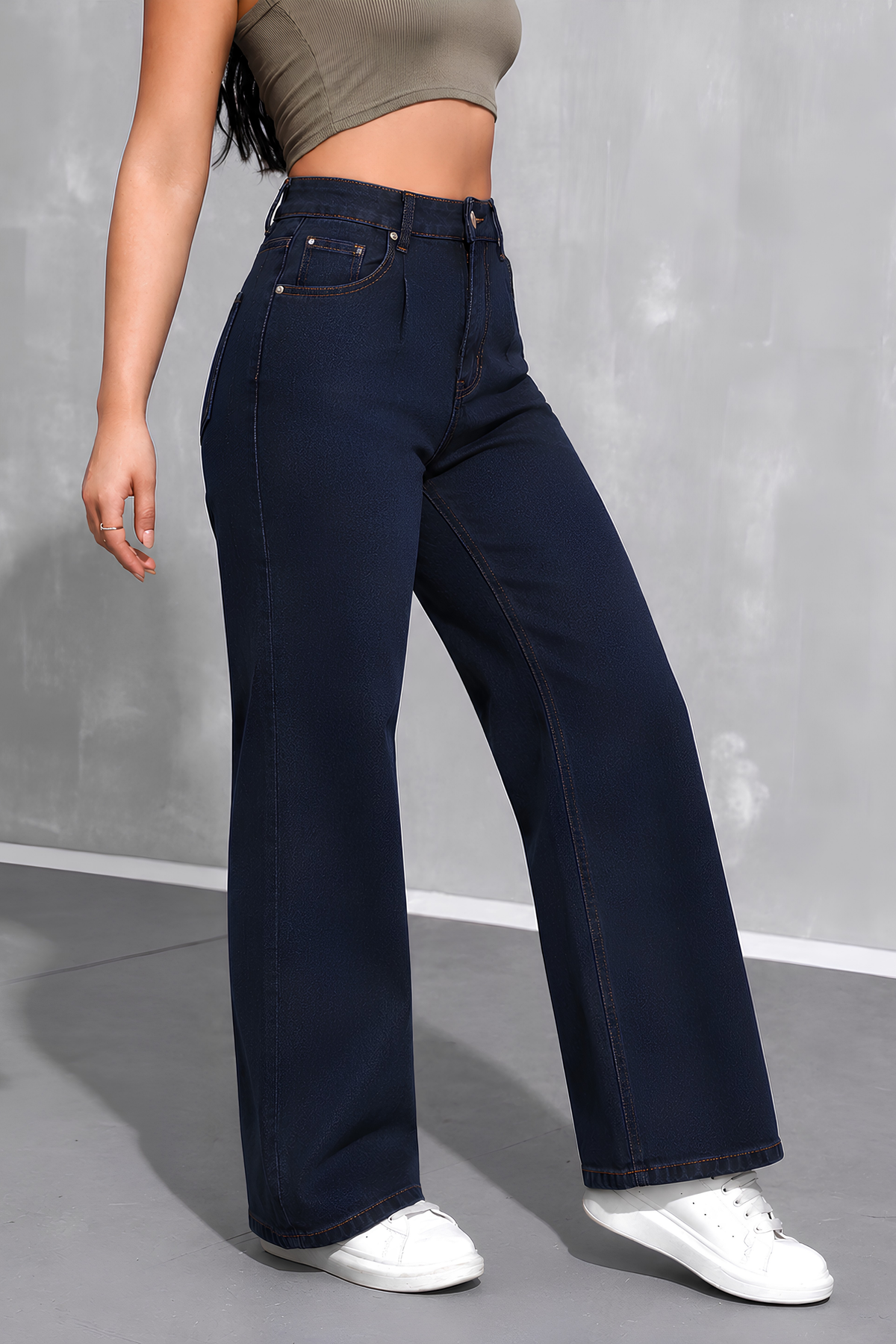 Dark Blue Wide-Leg Denim Pants side view - women's fashion Pakistan | MannMoji
