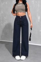 Dark blue wide-leg denim pants for women in Pakistan - MannMoji