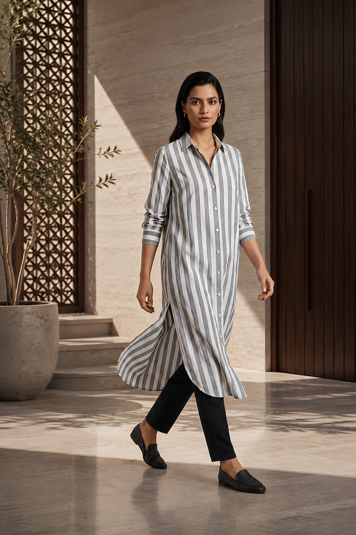 Grey & White Striped Irish Linen Long Shirt front view Pakistan - MannMoji