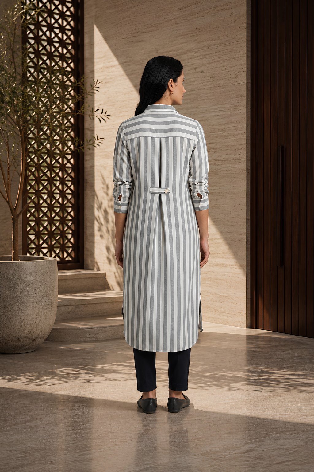 Grey & White Striped Irish Linen Long Shirt back view | MannMoji Pakistan