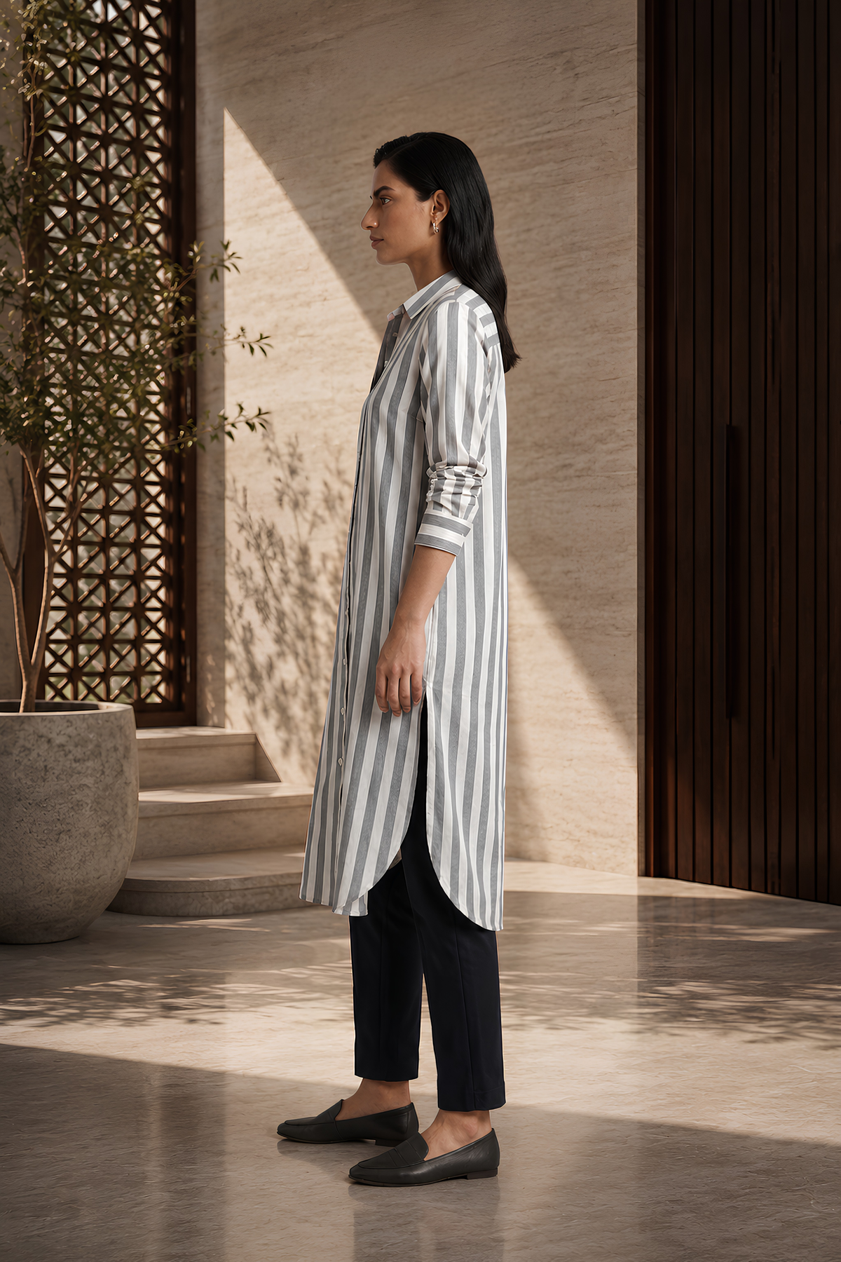 Grey & White Striped Irish Linen Long Shirt Side View | MannMoji Pakistan