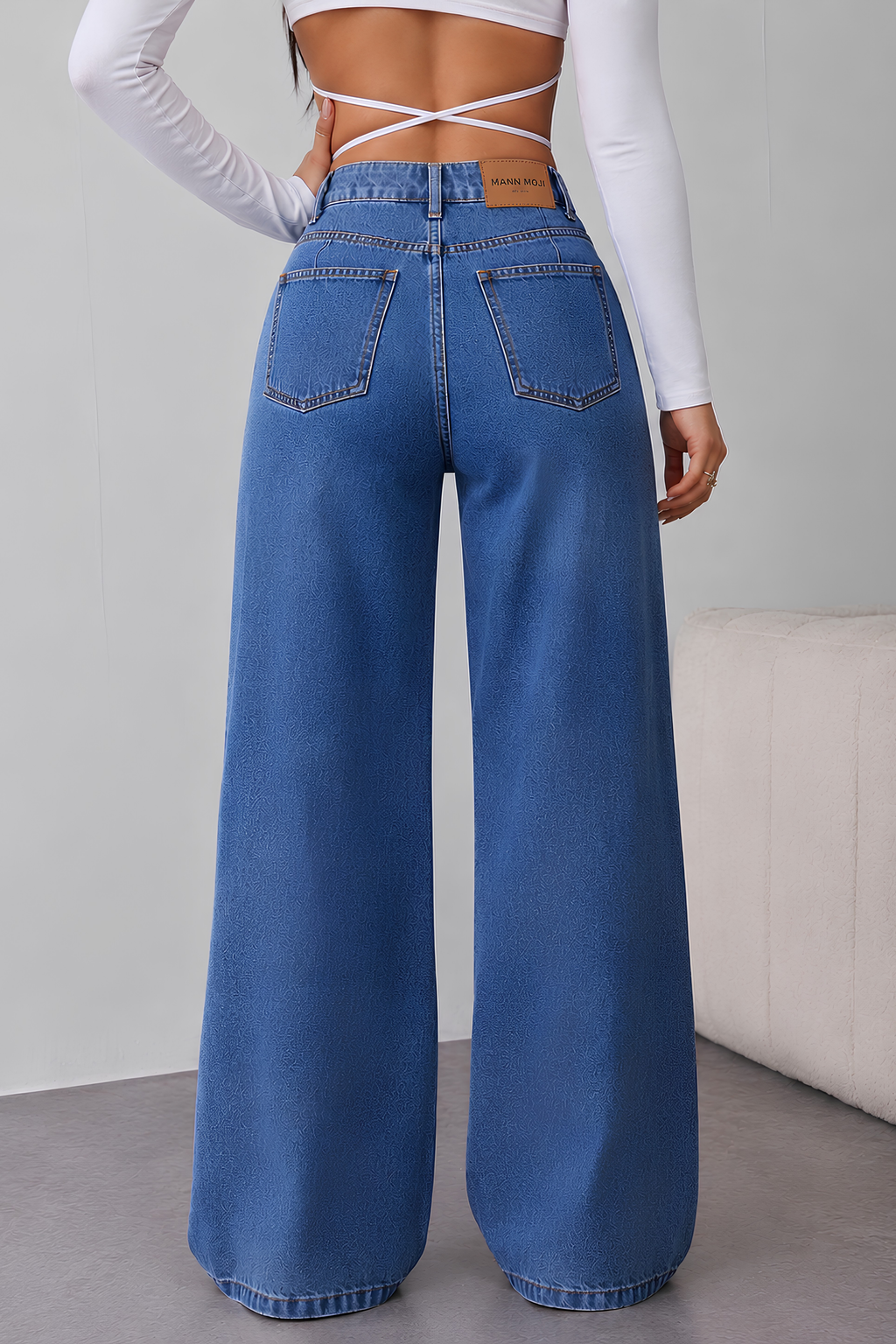 High rise wide-leg denim Pants Back view for women in Pakistan - MannMoji