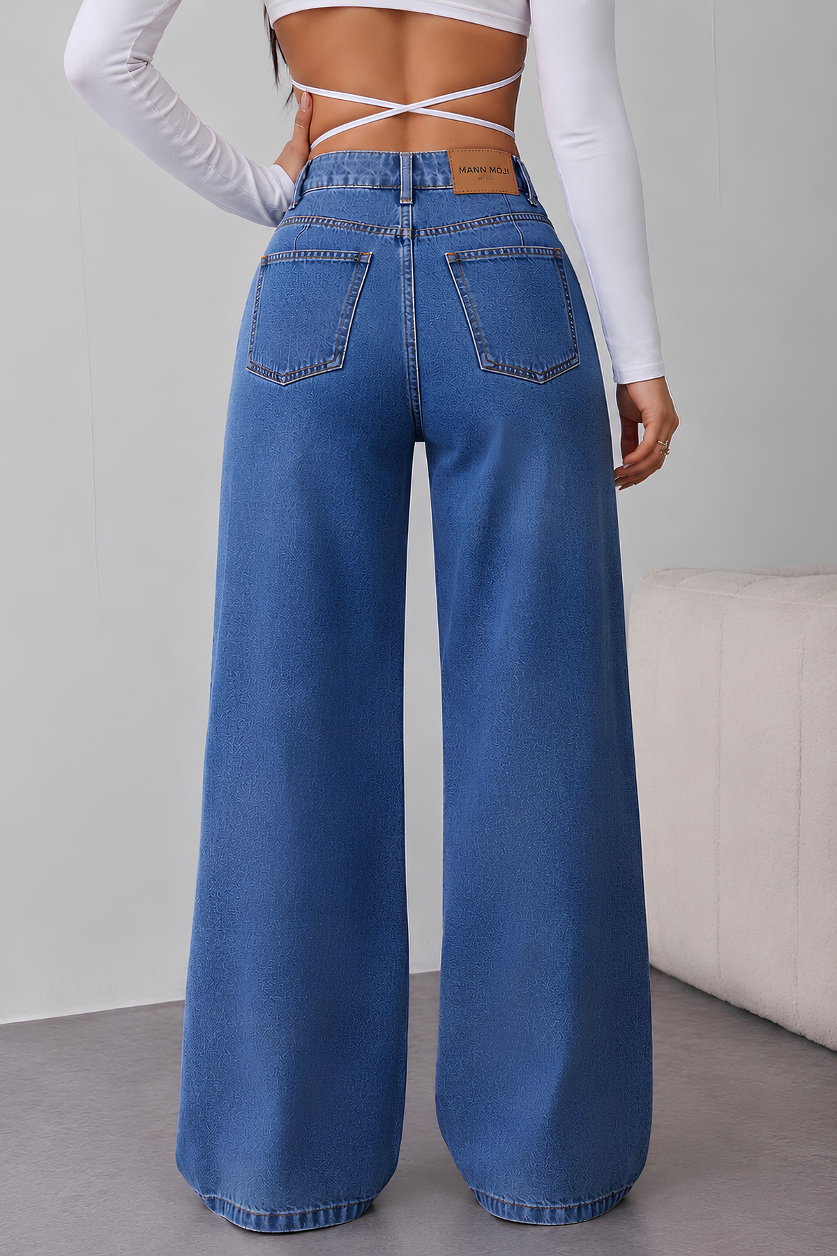 High rise wide-leg denim Pants Back view for women in Pakistan - MannMoji