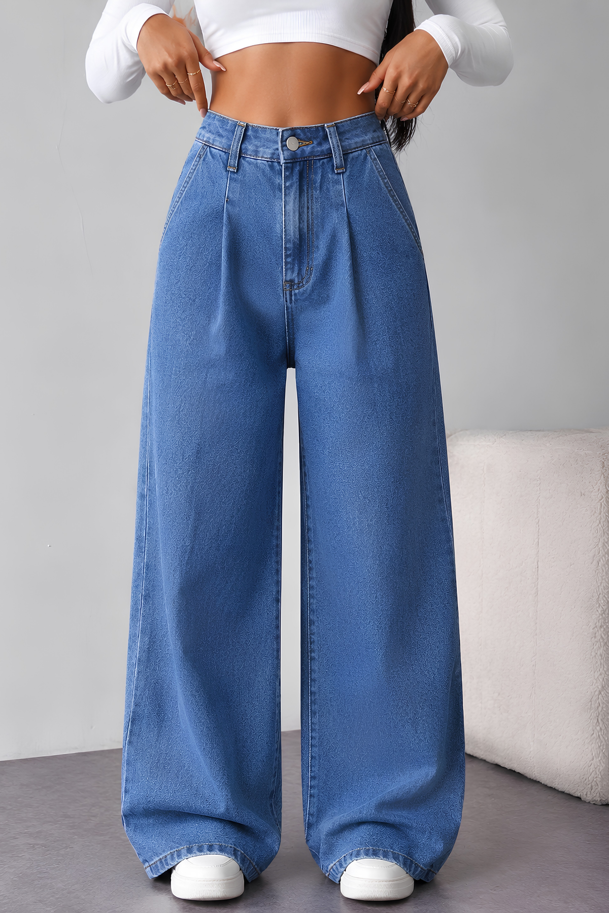 High rise wide-leg denim Pants Front view for women in Pakistan - MannMoji