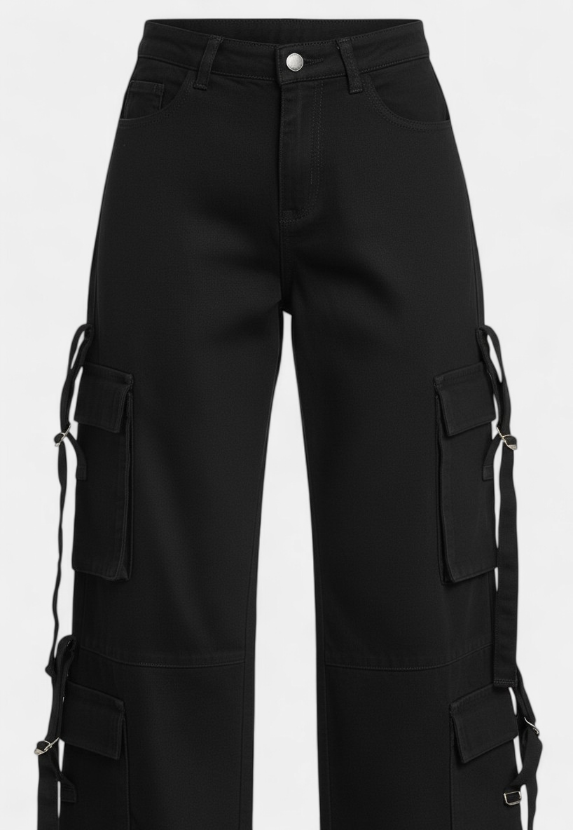Jet Black 8-Pocket Cargo Pants Closeup View - stylish women's wear Pakistan | Mannmoji