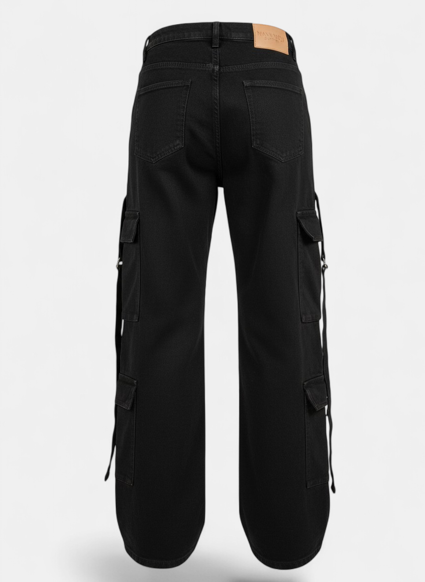 Jet Black 8-Pocket Cargo Pants Detailed View Back - stylish women's wear Pakistan | Mannmoji