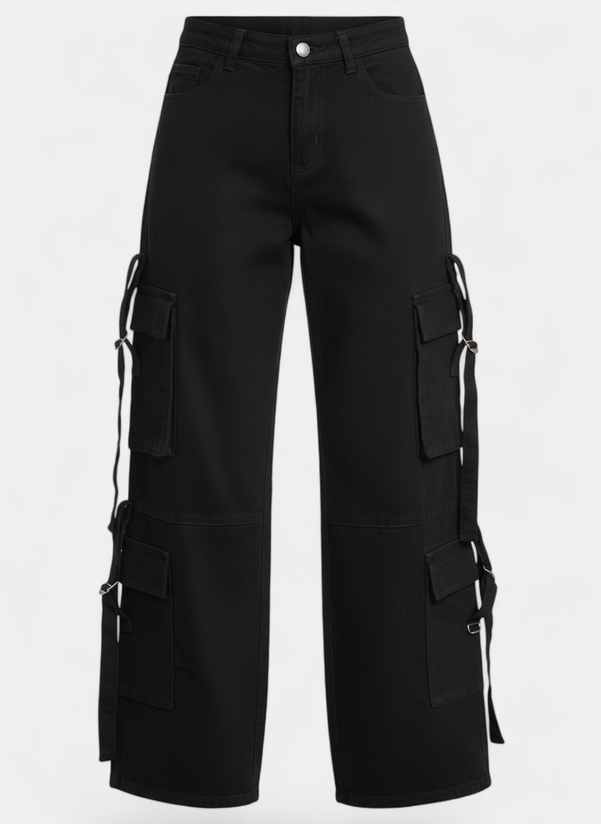 Jet Black 8-Pocket Cargo Pants Detailed View Front - stylish women's wear Pakistan | Mannmoji