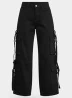 Jet Black 8-Pocket Cargo Pants Detailed View Front - stylish women's wear Pakistan | Mannmoji