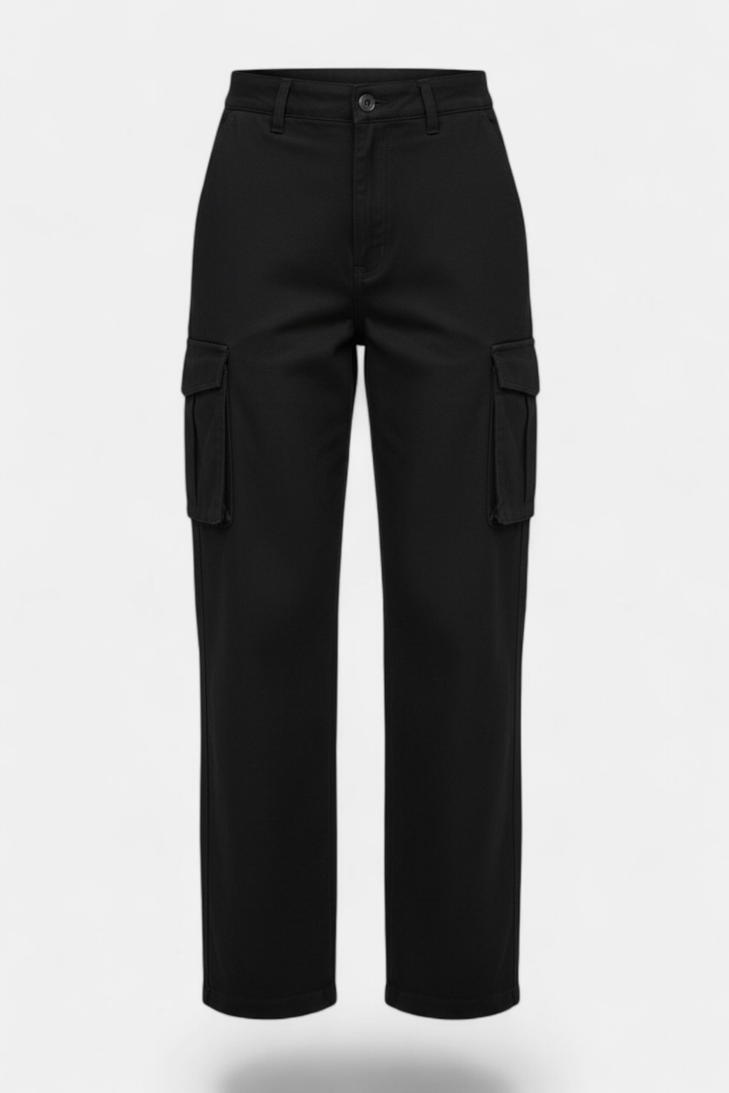 Jet Black Cargo Pants Detailed Front view Pakistani women's outfit | MannMoji