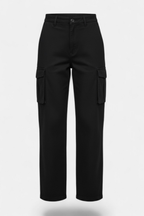 Jet Black Cargo Pants Detailed Front view Pakistani women's outfit | MannMoji