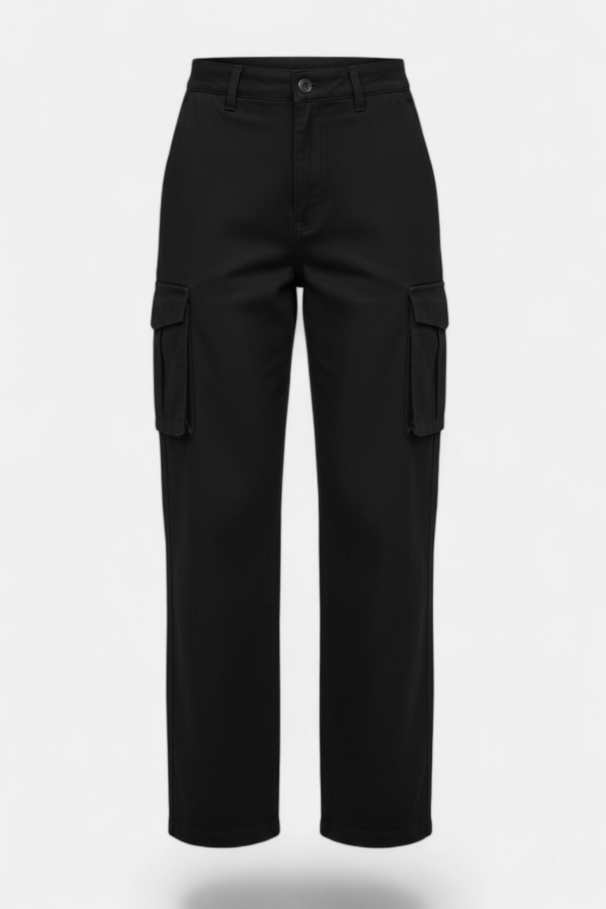 Jet Black Cargo Pants Detailed Front view Pakistani women's outfit | MannMoji