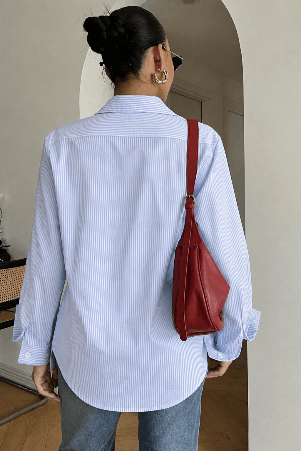 White and blue striped pure cotton shirt Pakistan - Model Shoot Back View MannMoji